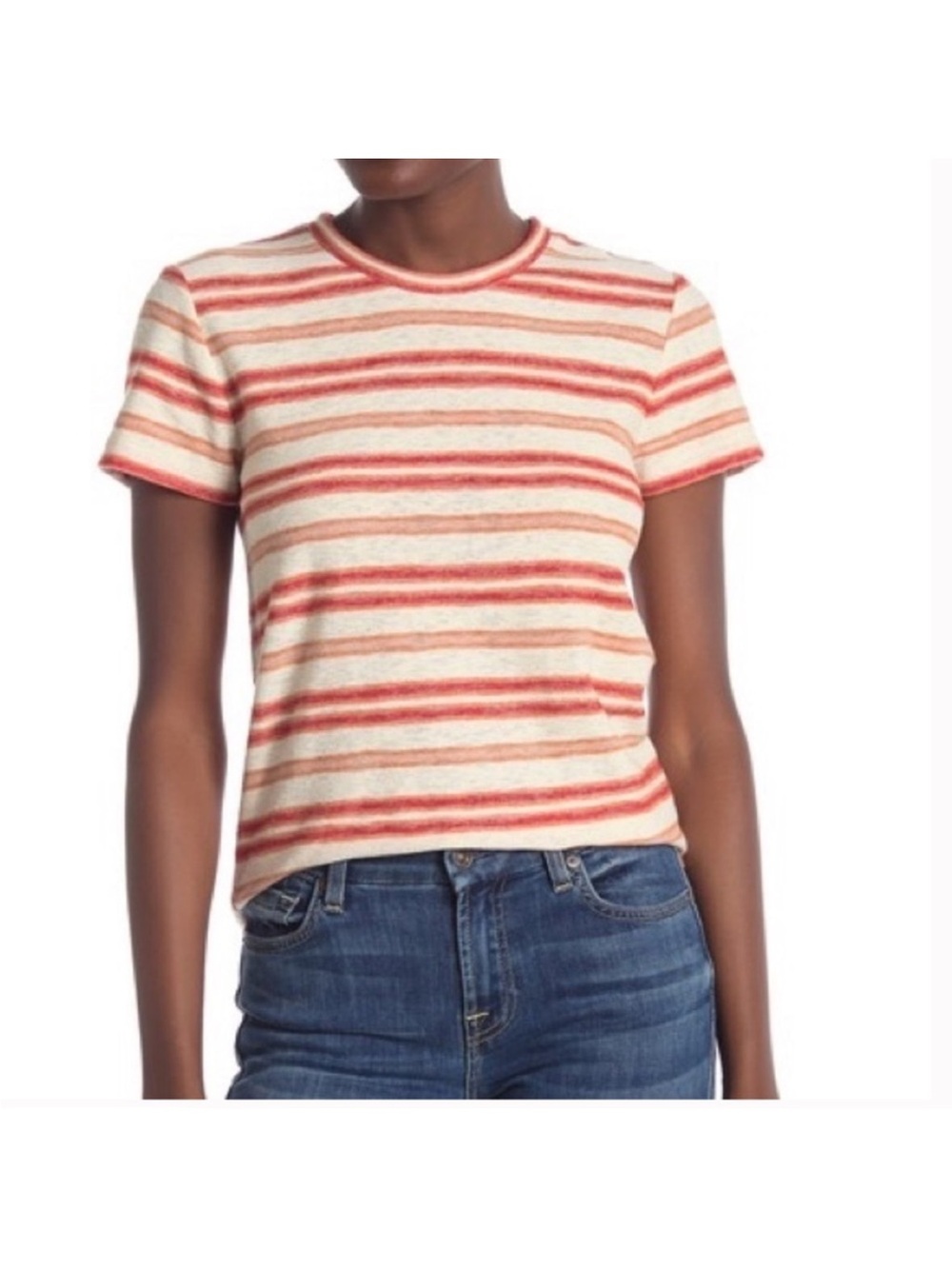 Madewell Cream & Coral Striped Short Sleeve Tee